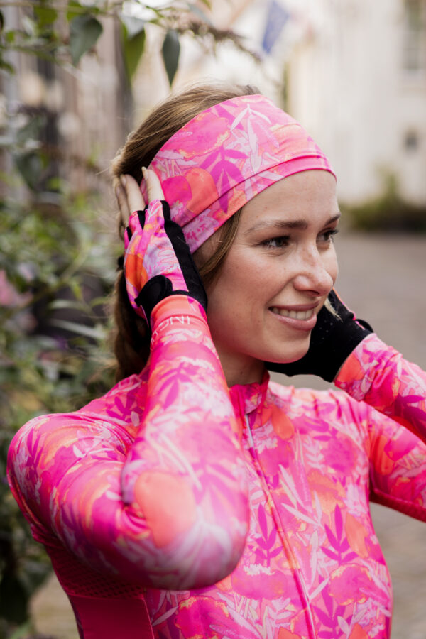 brede elastische roze sporthaarband voor dames met bloemenprint