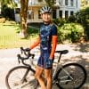 donkerblauw dames fietsshirt met jungle print en zalmroze elastieken