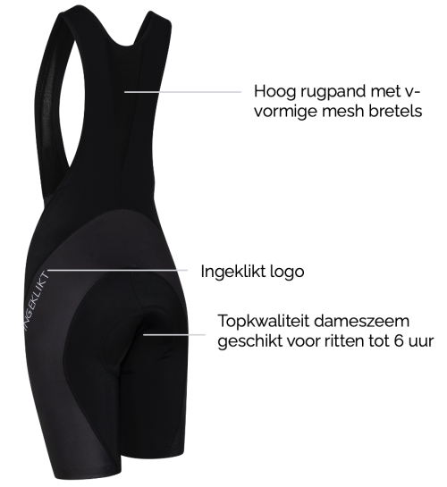 achterzijde zwarte dames fietsbroek met zeem voor lange afstanden