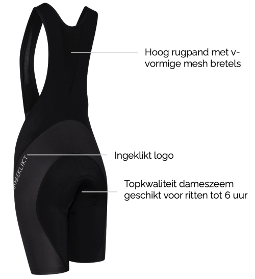 achterzijde zwarte dames fietsbroek met zeem voor lange afstanden