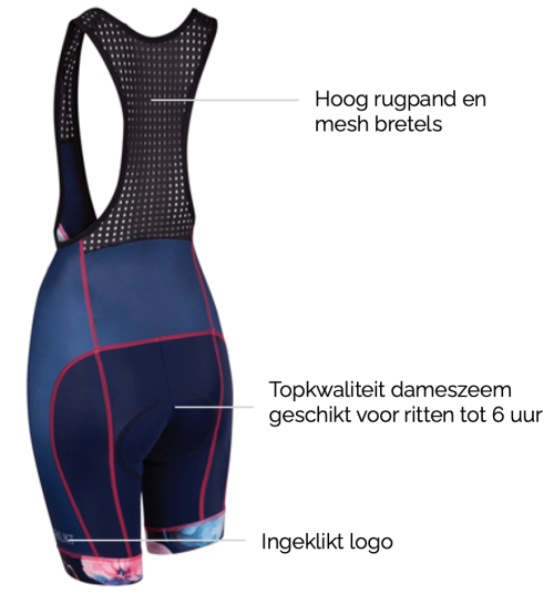 specs en maattabel bibshorts met dameszeem voor lange afstanden