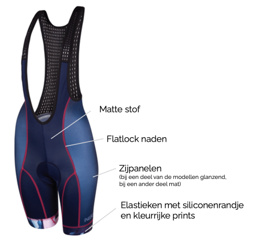 specificaties en maattabel vrouwelijke bibshorts met kleurrijke prints en gekleurde stiksels
