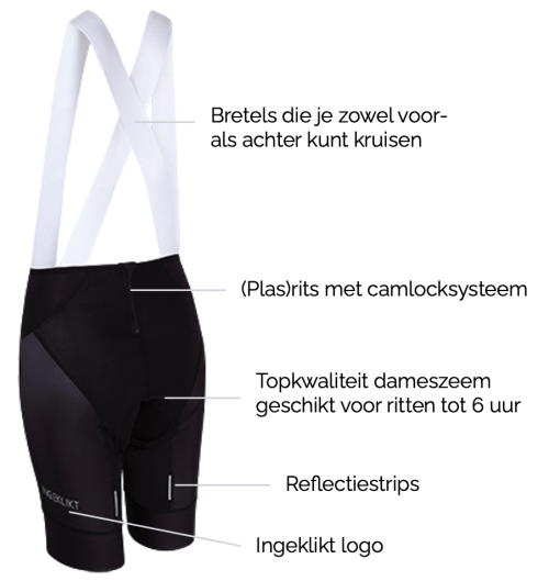 dames bibshorts met brede elastieken en bretels die voor en achter te kruisen zijn