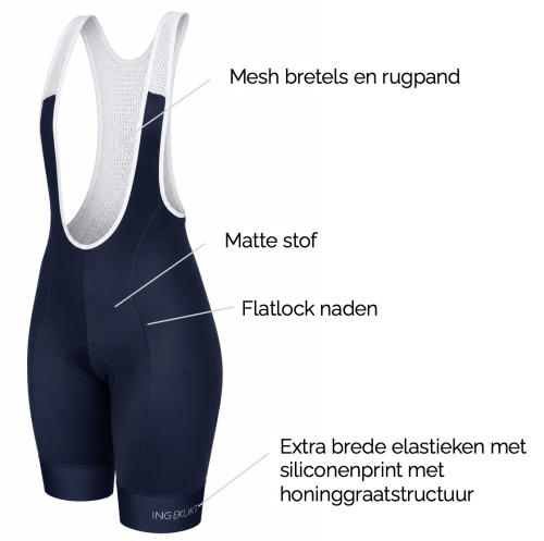 effen blauwe dames fietsbroek met witte bretels en dameszeem