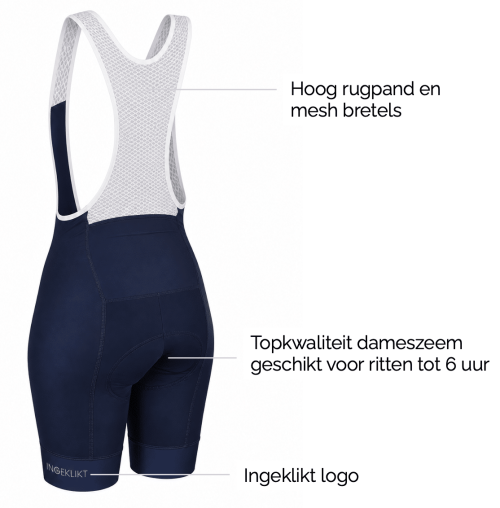 effen blauwe dames fietsbroek met witte bretels en dameszeem achterzijde