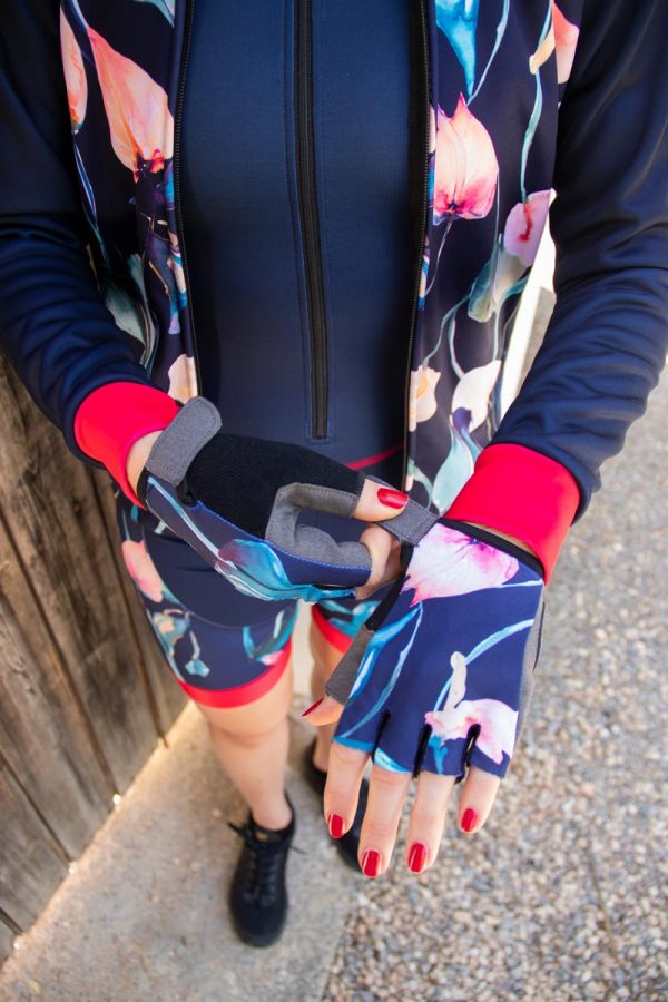 fietshandschoenen voor dames met donkerblauwe waterlelie print