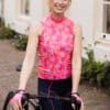 roze mouwloos dames fietsshirt met volledige rits en 4 achterzakken