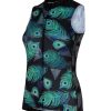 zwart mouwloos dames fietsshirt met groen blauwe pauwenprint