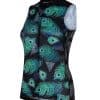 zwart mouwloos dames fietsshirt met groen blauwe pauwenprint