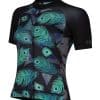 zwart dames fietsshirt met korte mouwen en pauwenprint